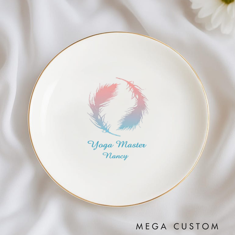 Personalized Ring Dishes with Elegant Feather Design and Gold Trim Perfect for Yoga Lovers, Home Décor, Jewelry Storage, or Unique Gift