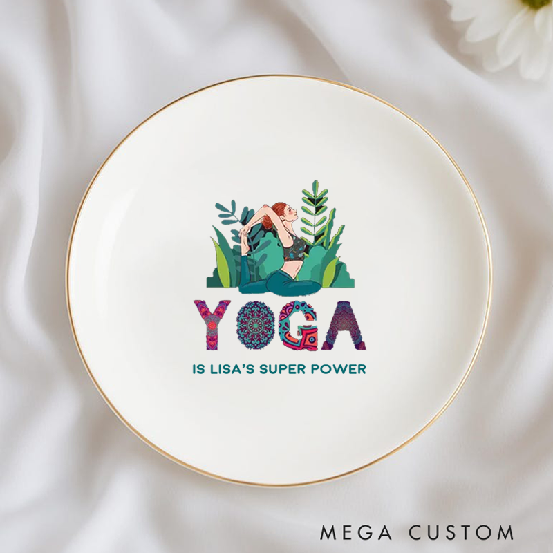 Personalized Ring Dishes with Yoga-Themed Design and Gold Trim Perfect for Yoga Lovers, Home Décor, Jewelry Storage, or Unique Gift