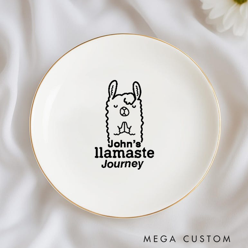 Personalized Ring Dishes with Funny Llama Yoga Design and Gold Trim Perfect for Jewelry Storage, Home Décor, or Unique Gift for Yoga Lovers