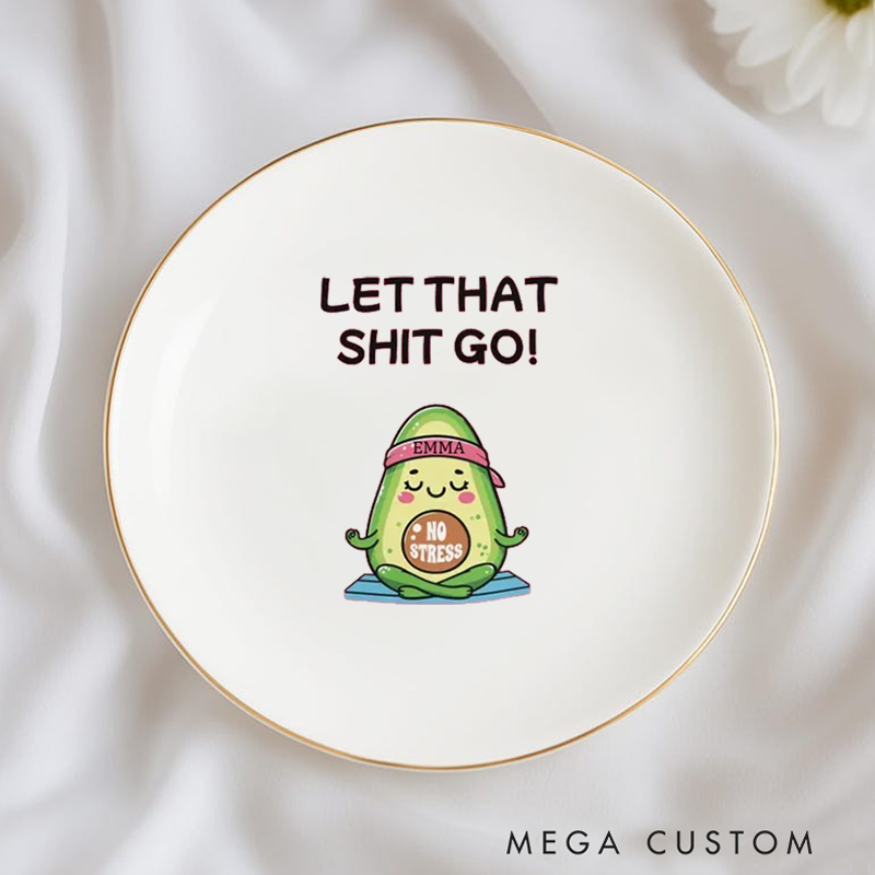 Personalized Ring Dishes with Funny Avocado Yoga Design and Gold Trim Perfect for Jewelry Storage, Home Décor, or Unique Gift for Yoga Lovers