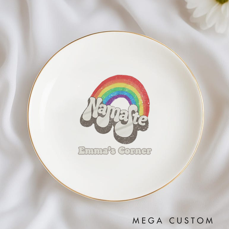 Personalized Ring Dishes with Vibrant Rainbow Namaste Design and Gold Trim Perfect Gift for Jewelry Storage, Home Décor, or Unique Gift for Yoga Lover