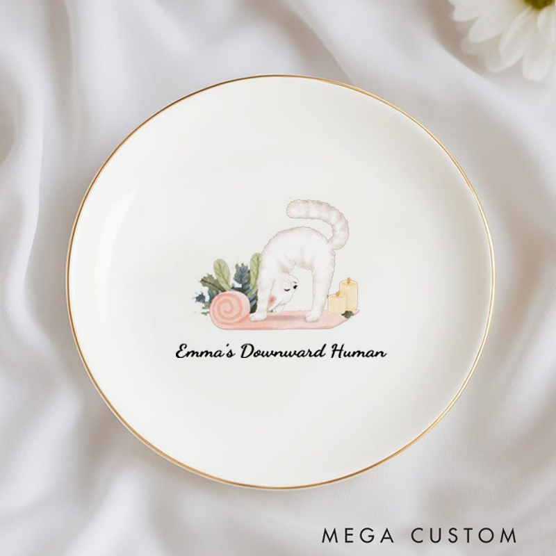 Personalized Ring Dishes with Adorable Yoga Cat Design and Gold Trim Perfect Gift for Jewelry Storage, Home Décor or Unique Gift for Cat and Yoga Lover