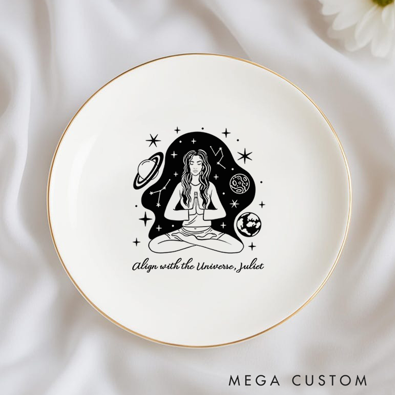 Personalized Ring Dishes with Cosmic Meditation Design and Gold Trim Perfect Gift for Jewelry Storage, Home Décor or Unique Gift for Yoga Lover