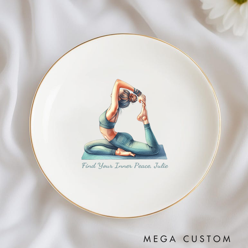 Personalized Ring Dishes with Elegant Yoga Pose Design and Gold Trim Perfect Gift for Jewelry Storage, Home Décor or Unique Gift for Yoga Lover