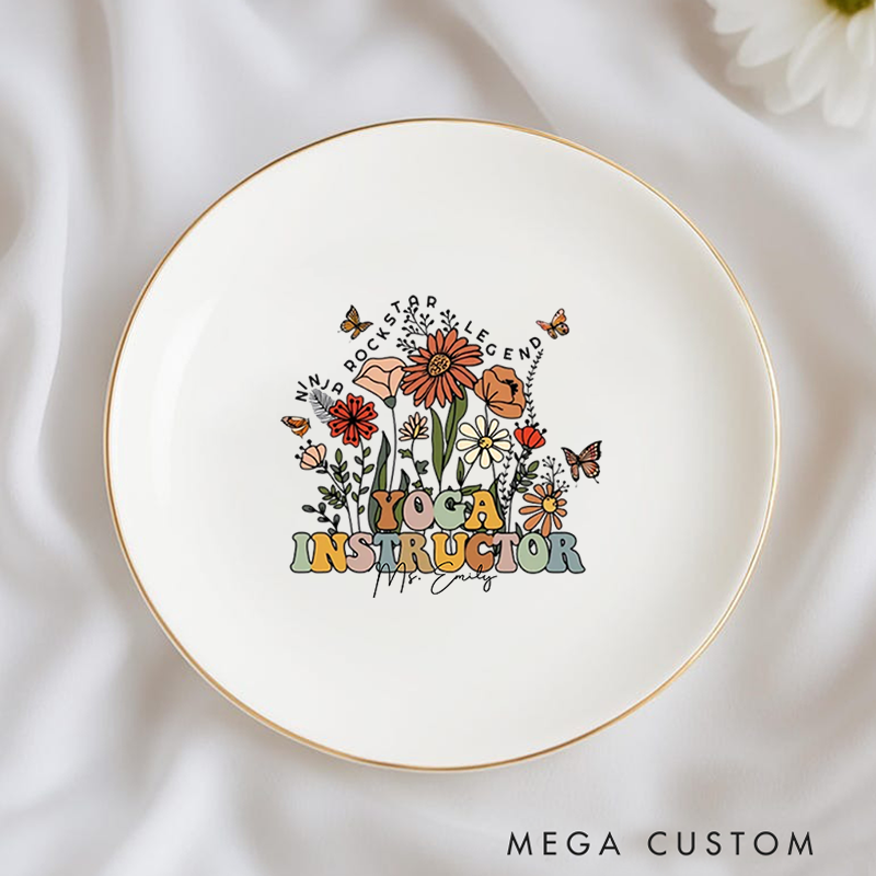 Personalized Ring Dishes with Floral Yoga Instructor Design and Gold Trim Perfect Gift for Jewelry Storage, Home Décor or Unique Gift for Yoga Lover