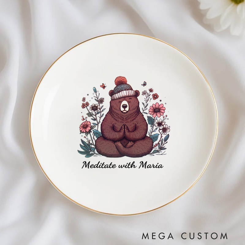 Personalized Ring Dishes with Adorable Meditating Bear Design and Gold Trim Perfect Gift for Jewelry Storage, Home Décor or Unique Gift for Yoga Lover