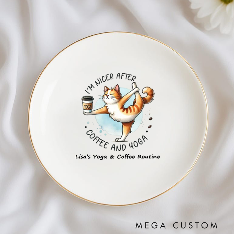 Personalized Ring Dishes with Funny Yoga Cat and Coffee Design Perfect Gift for Jewelry Storage, Home Décor or Unique Gift for Yoga Lover