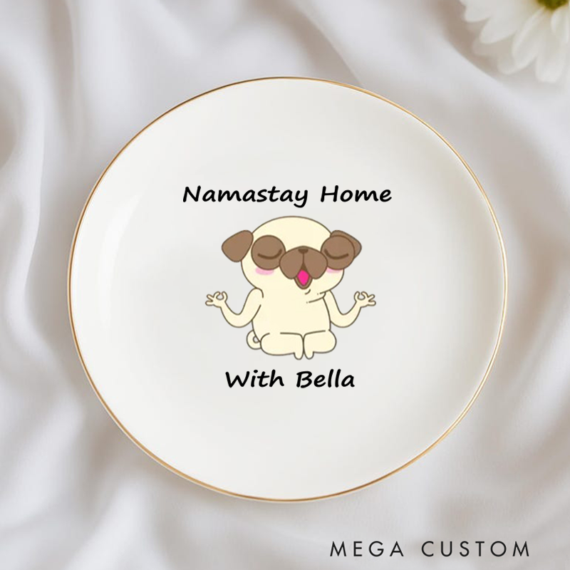 Personalized Ring Dishes with Cute Meditating Dog Design and Gold Trim Perfect Gift for Jewelry Storage, Home Décor or Unique Gift for Yoga Lover