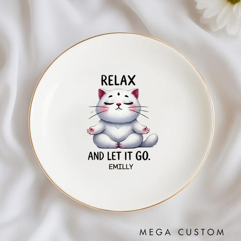 Personalized Ring Dishes with Relaxing Meditating Cat Design and Gold Trim Perfect Gift for Jewelry Storage, Home Décor or Unique Gift for Yoga Lover