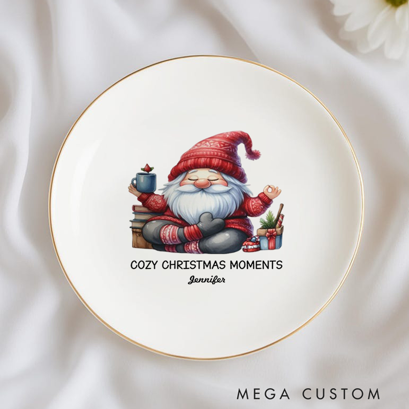 Personalized Ring Dishes with Festive Santa Meditation Design and Gold Trim Perfect Gift for Jewelry Storage, Home Décor or Unique Gift for Yoga Lover