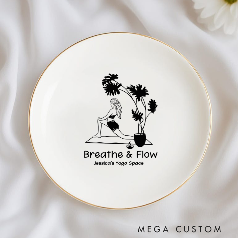 Personalized Ring Dishes with Minimalist Yoga Design and Gold Trim Perfect Gift for Jewelry Storage, Home Décor or Unique Gift for Yoga Lover