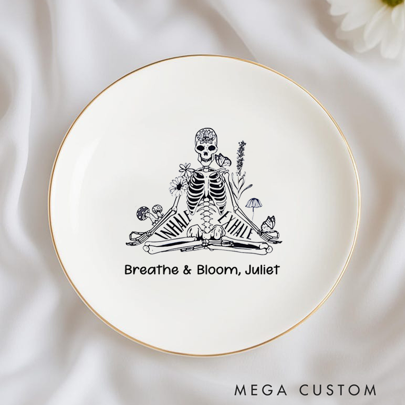 Personalized Ring Dishes with Skeleton Meditation Design and Gold Trim Perfect Gift for Jewelry Storage, Home Décor or Unique Gift for Yoga Lover