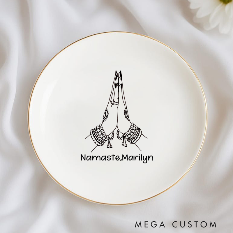 Personalized Ring Dishes with Elegant Namaste Hands Design and Gold Trim Perfect Gift for Jewelry Storage, Home Décor or Unique Gift for Yoga Lover