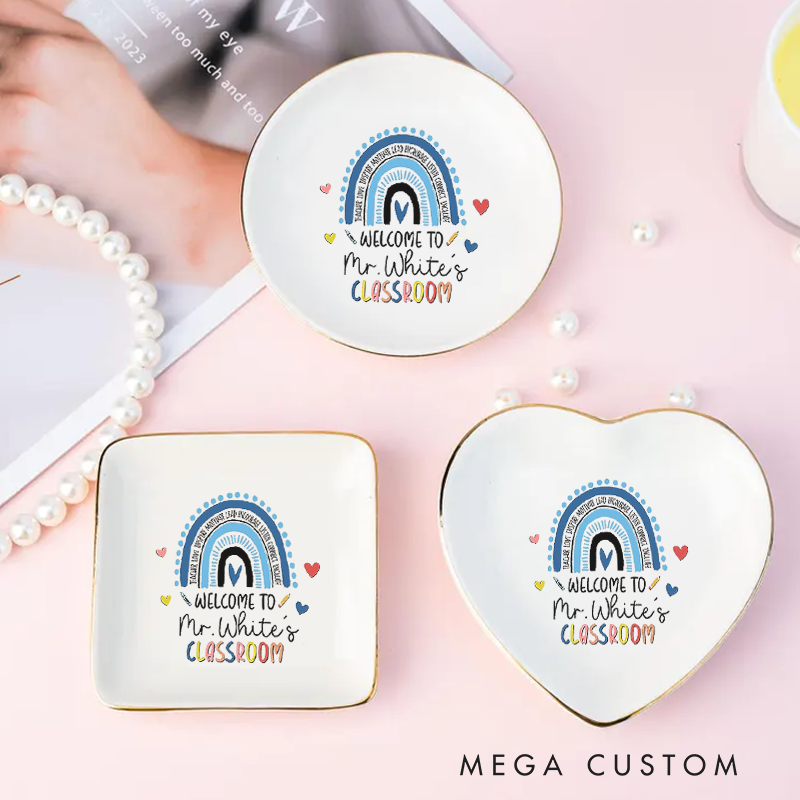 Personalized Jewelry Dish for Teacher Colorful Hand Drawn Rainbow Three Different Shapes Ceramic Ring Dish Teacher Appreciation Gift