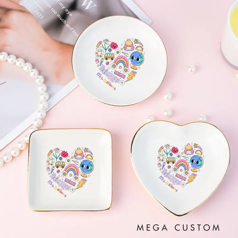 Personalized Jewelry Dish for Teacher School Related Elements Arranged in a Heart shape Three Different Shapes Ceramic Ring Dish Teacher Gift
