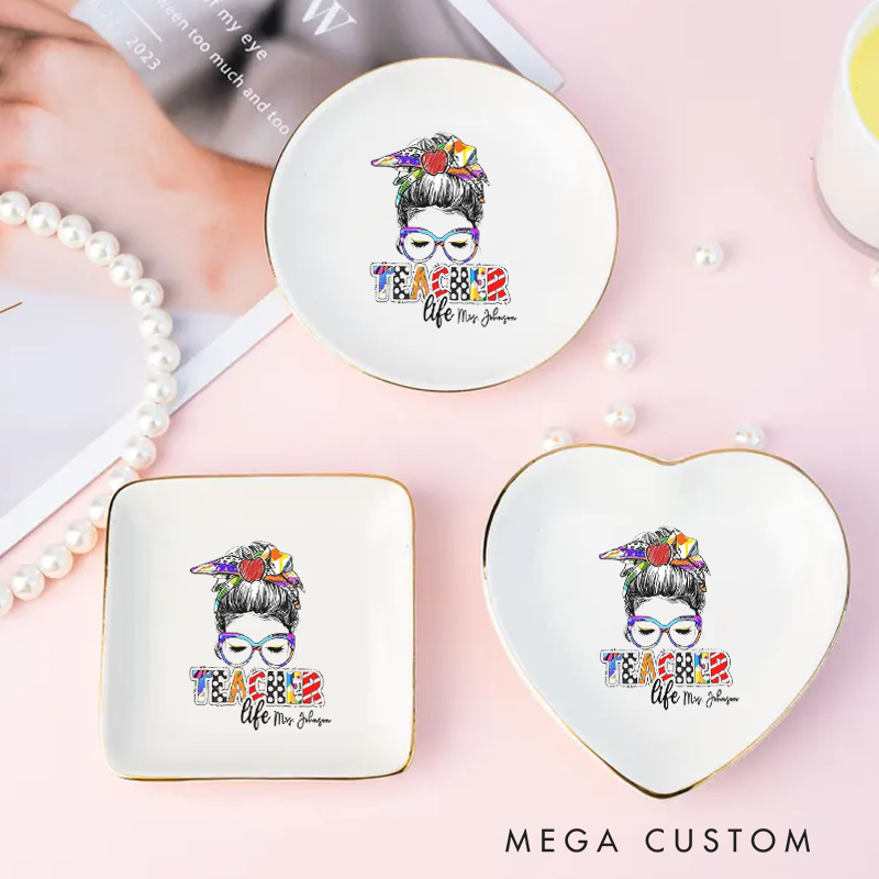 Personalized Jewelry Dish for Teacher Illustration of a teacher with Glasses Teacher Life Three Different Shapes Ceramic Ring Dish Teacher Gift