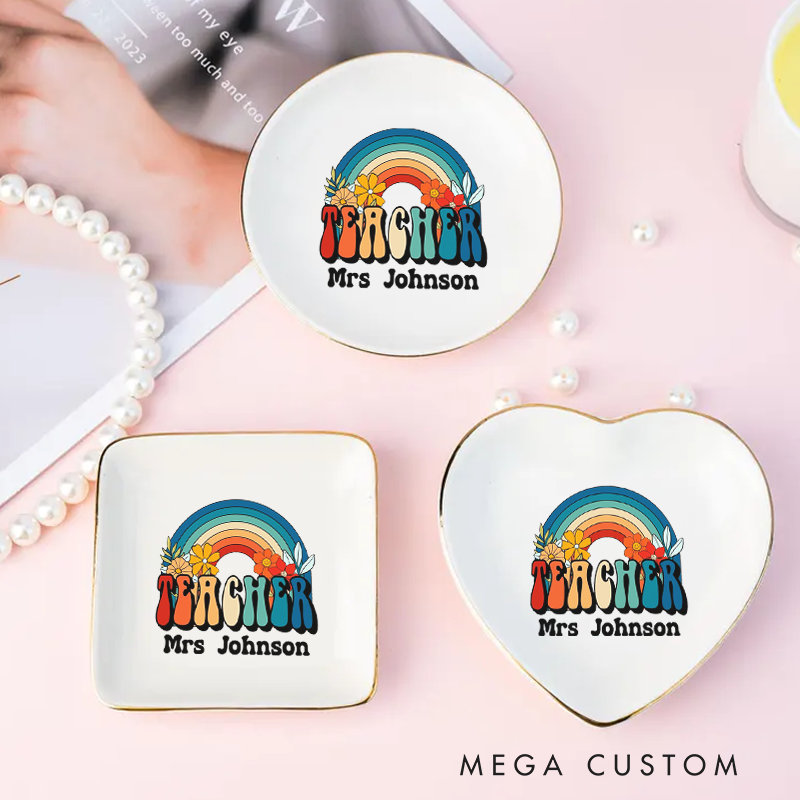 Personalized Jewelry Dish for Teacher Retro Style Rainbow Design Three Different Shapes Ceramic Ring Dish Teacher Appreciation Gift