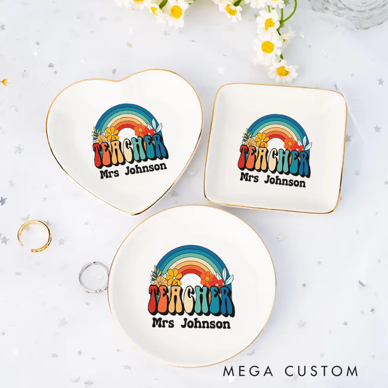 Personalized Jewelry Dish for Teacher Retro Style Rainbow Design Three Different Shapes Ceramic Ring Dish Teacher Appreciation Gift