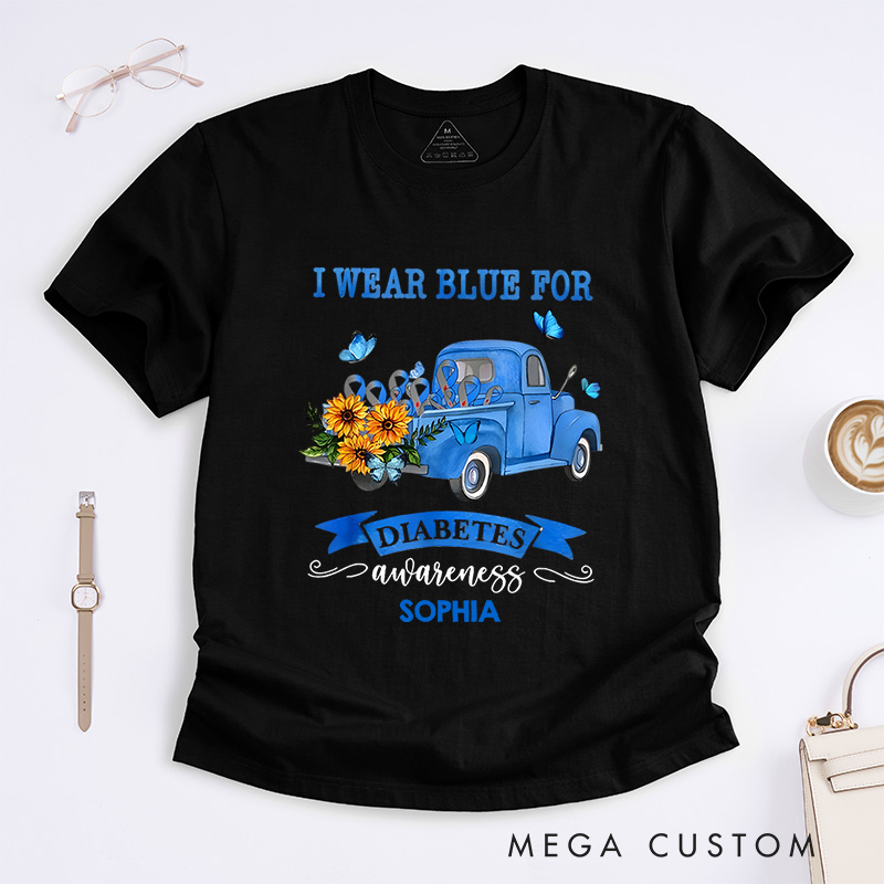 Personalized I Wear Blue for Diabetes Awareness T-Shirt Caring Gifts for the Sick