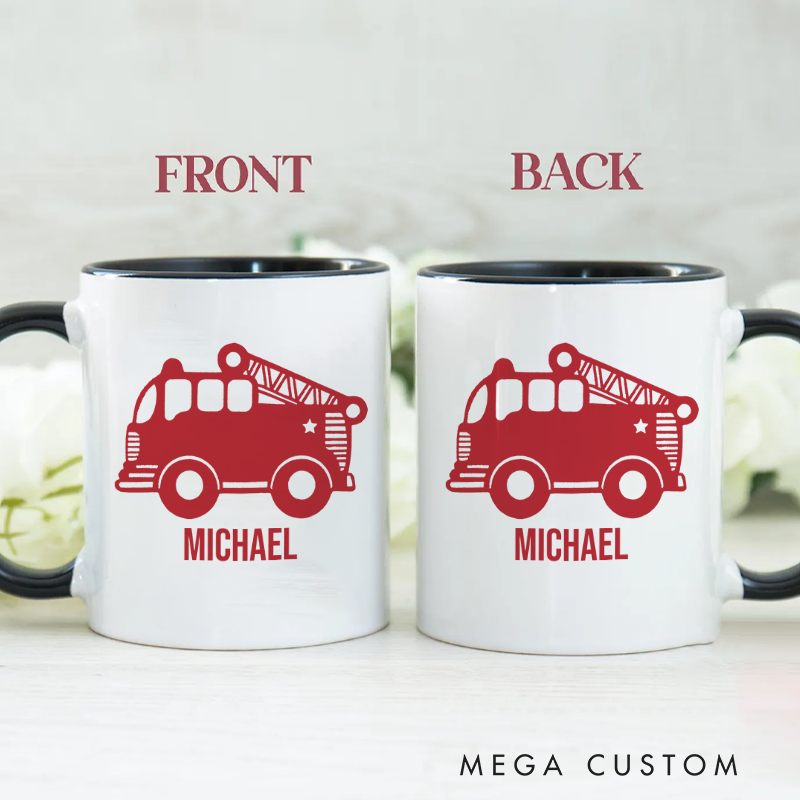 Personalized Firefighter Mugs Red Fire Truck Design Coffee Mug Gift
