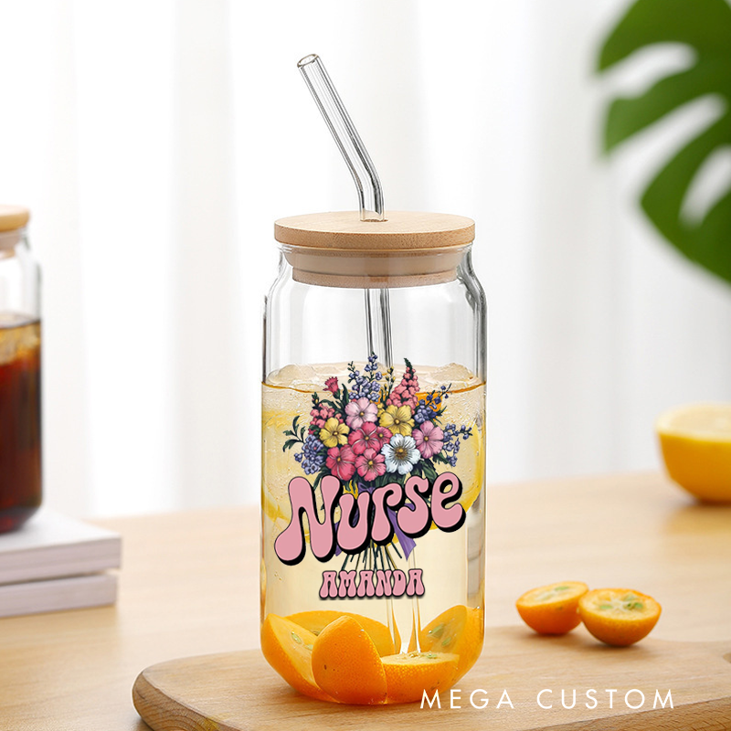 Personalized Nurse Tumbler with Lid and Straw a Vibrant Bouquet of Colorful Flowers Custom Glass Coffee Cup Nurse Appreciation Gift
