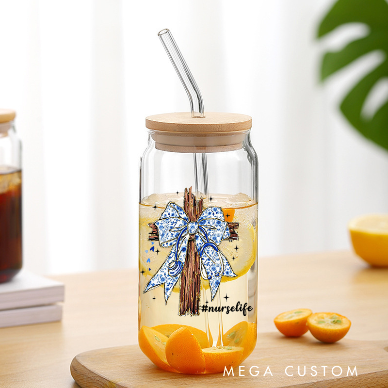 Personalized Nurse Tumbler with Lid and Straw Wooden Cross Adorned with a Blue Ribbon Tied Custom Glass Coffee Cup Nurse Appreciation Gift