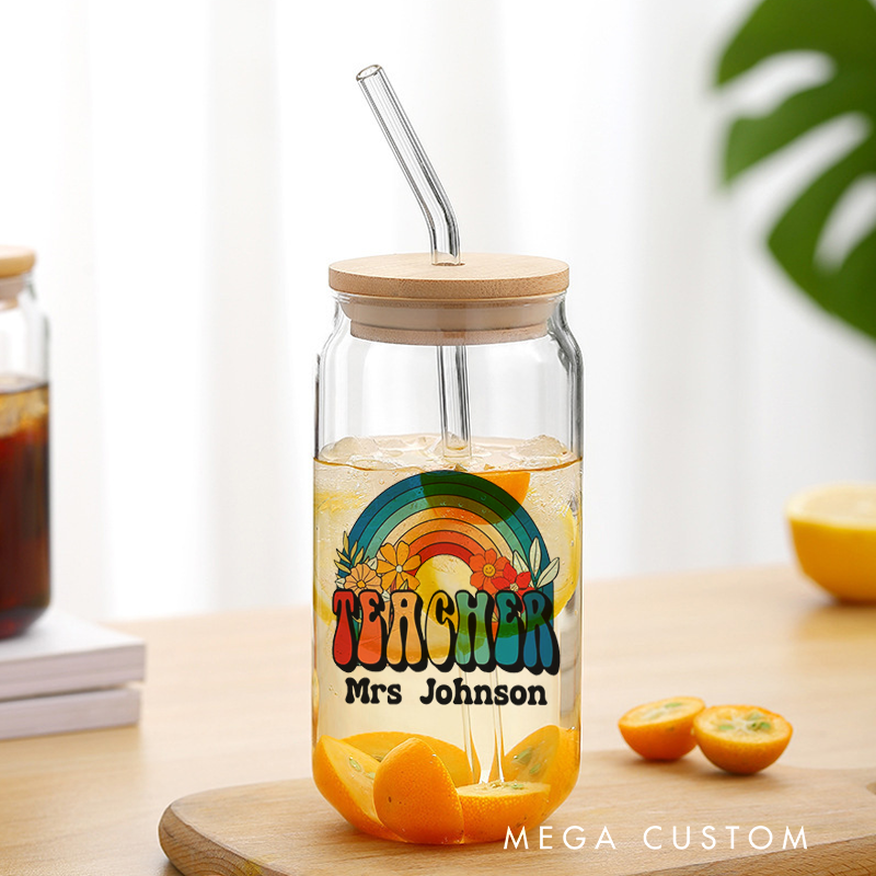 Personalized Teacher Tumbler with Lid and Straw Retro Style Rainbow Design Custom Glass Coffee Cup Teacher Appreciation Gift