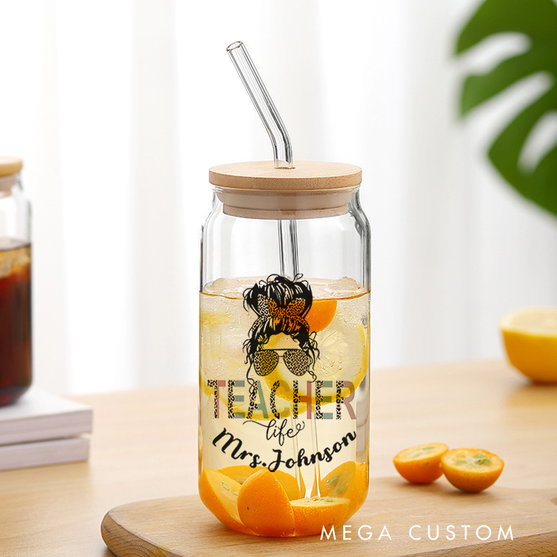 Personalized Teacher Tumbler with Lid and Straw Teacher Life with a Leopard Print Headband and Glasses Custom Glass Coffee Cup Teacher Gift