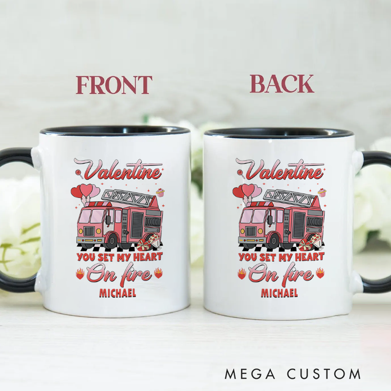 Personalized Firefighter Mugs Valentine You Set My Heart on Fire Design Coffee Mug Gift
