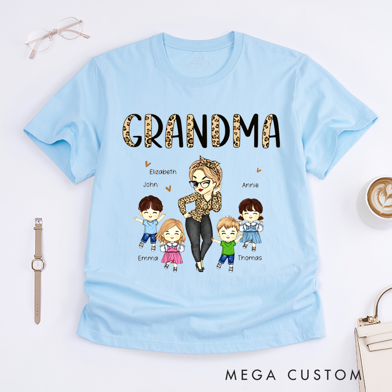 Personalized Classic T-Shirts Grandma Custom Names Family Gifts Unique Leopard Print Classic Tee for Grandmother