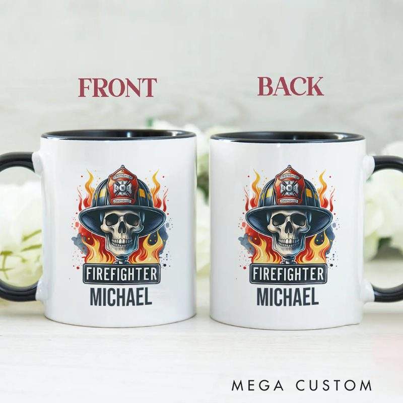 Personalized Firefighter Mugs Firefighter Skull Emblem with Flames Design Coffee Mug Gift