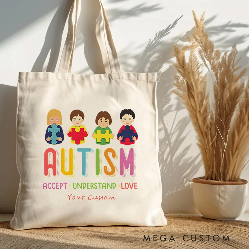 Personalized Autism Awareness Illustration Featuring Diverse Children and Acceptance Message for Advocacy Tote Bag