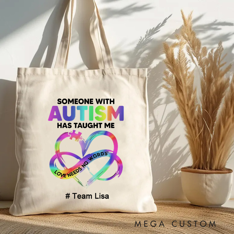 Personalized Autism Awareness Illustration Featuring Infinity Symbol and Love Needs No Words Message for Advocacy Tote Bag