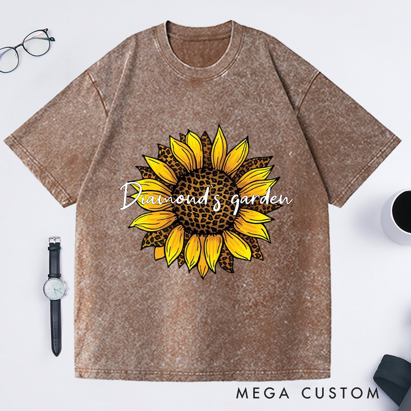 Personalized Leopard Sunflower Washed T-Shirts Sunflower Shirt Leopard And Floral Shirt Flower Shirt Botanical Print Shirt