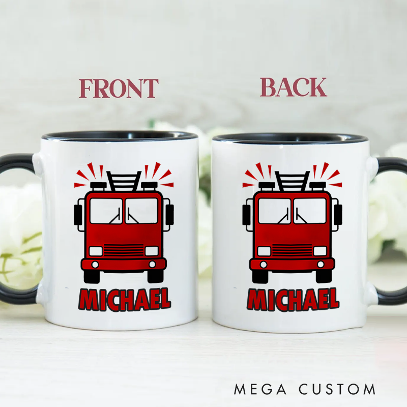 Personalized Firefighter Mugs Front-Facing Fire Truck Design Coffee Mug Gift