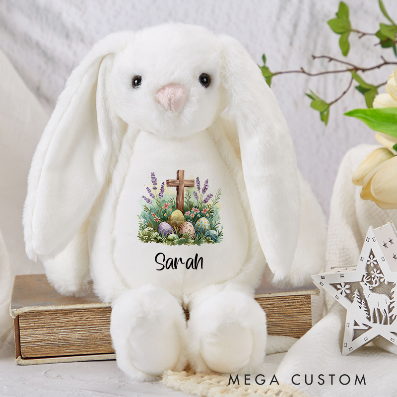 Personalized Easter Eggs Floral Cross Cute Plush Bunny Stuffed Animal Toy with Name Easter Baby Shower Birthday Gift for Kids