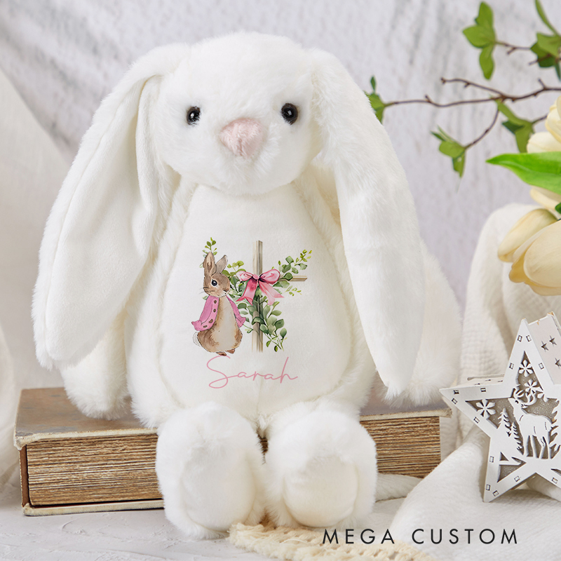 Personalized Cross Easter Bunny Plush Stuffed Toy with Name Easter Birthday Gift for Kids