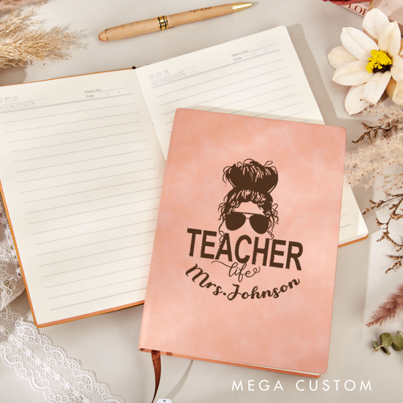 Personalized Leather Notebook for Teacher with a Glasses Teacher Life Leather Journal Teacher Appreciation Gift