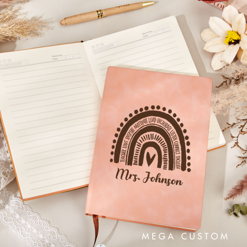 Personalized Leather Notebook for Teacher Hand Drawn Rainbow Leather Journal Teacher Appreciation Gift