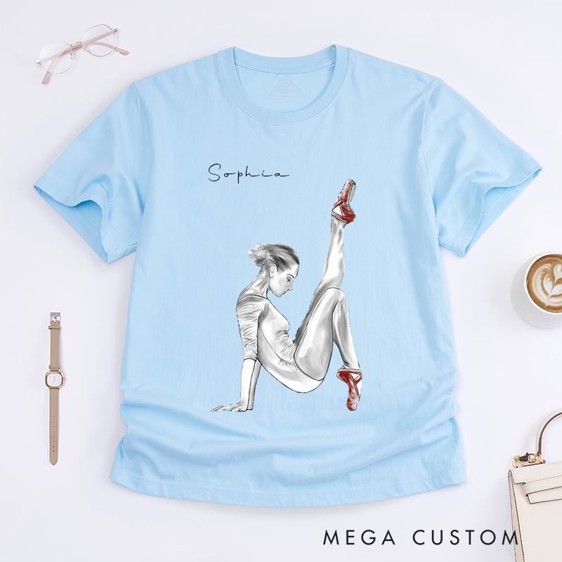 Personalized Ballet Dancer Classic T-Shirts Custom Name Artistic Sketch Unique Gift with Red Pointe Shoes for Ballerina Dancer Women Present