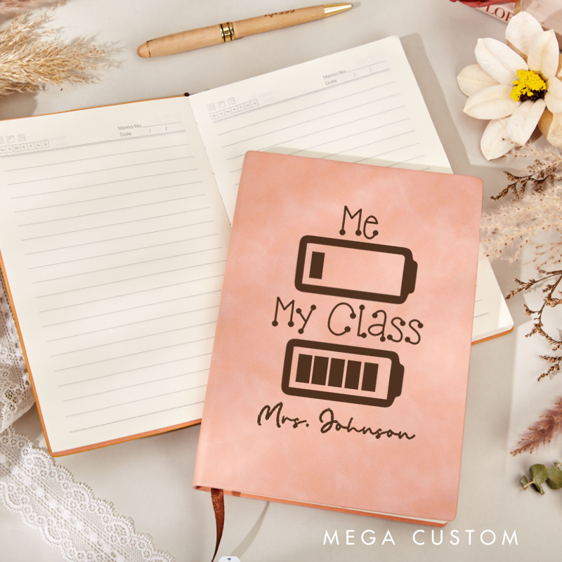 Personalized Leather Notebook for Teacher Two Battery Icons Funny Design Leather Journal Teacher Appreciation Gift
