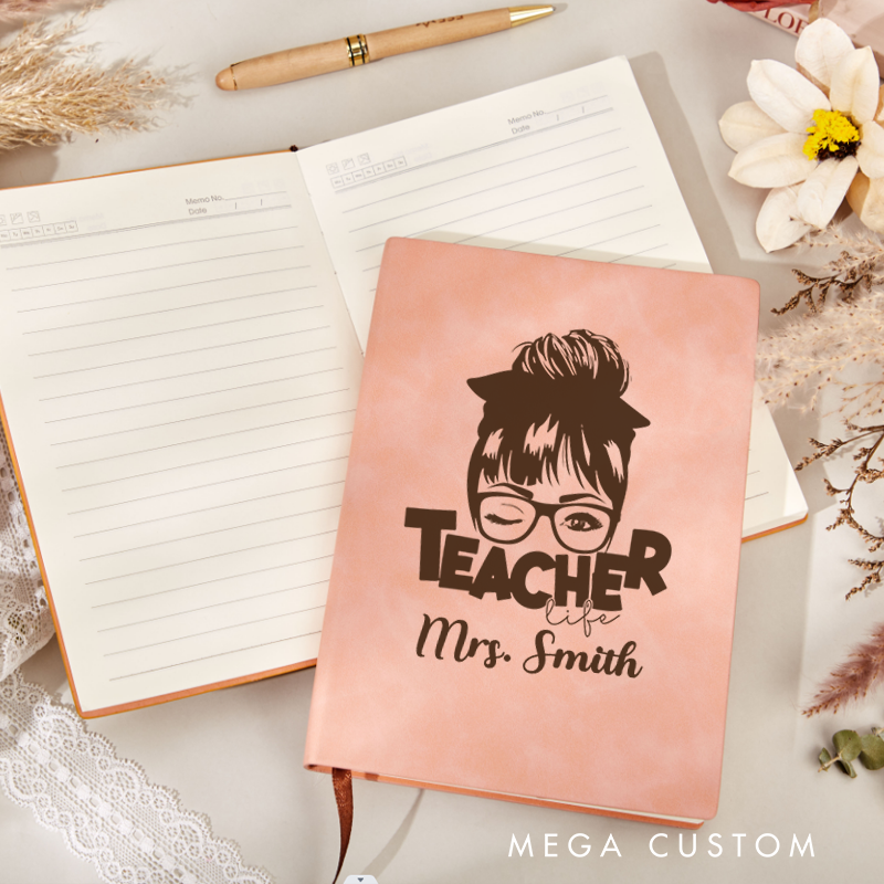 Personalized Leather Notebook for Teacher Illustration of a Winking Teacher with Glasses Leather Journal Teacher Appreciation Gift