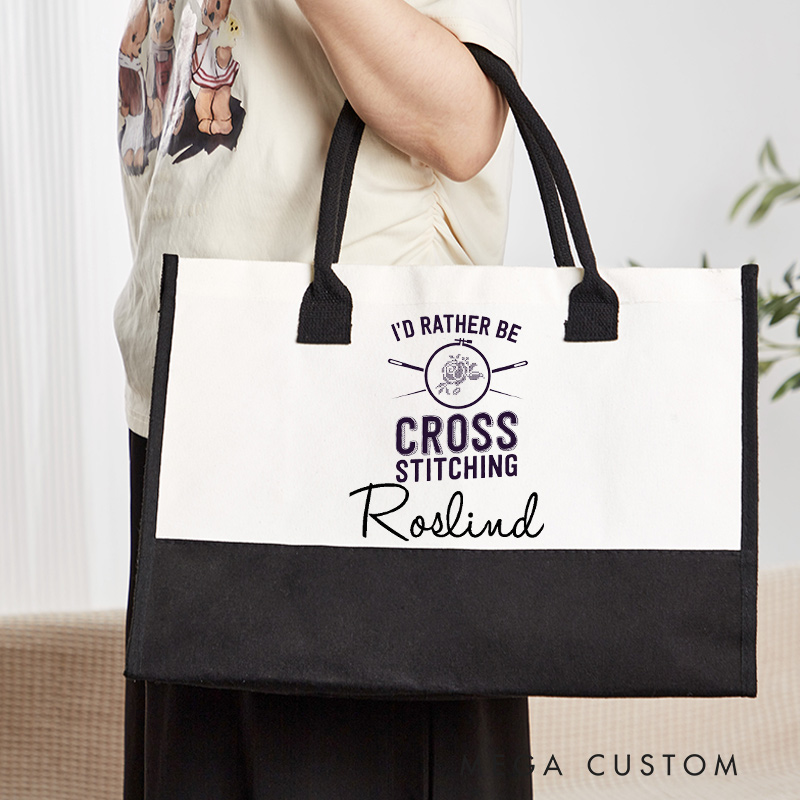 Personalized I'd Rather Be Cross Stitching Tote Bag Cross Stitch Lover Bag Cross Stitcher Bag Embroidery Worker Bag Crafter Sewing Bag Mom
