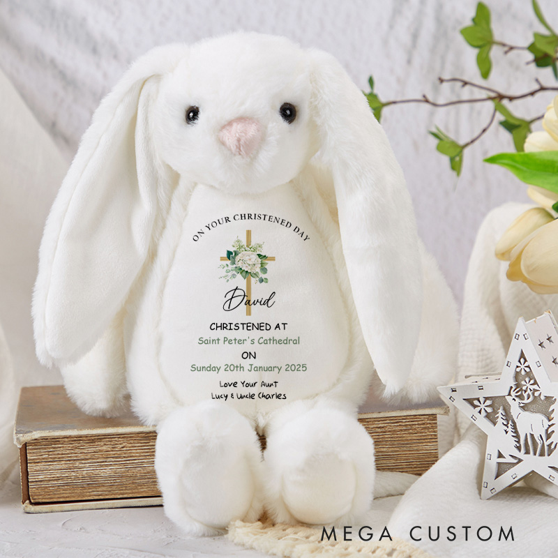 Personalized Cute Floral Cross Peter Rabbit Plush Stuffed Animal Toy with Name and Date Kid Shower Gift Baptism Gift Birthday Gift for Kids
