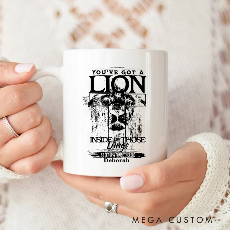 Personalized Lion Imagery Ceramic Mug with Name Birthday Religious Inspirational Gift for Christian Best Gift for Jesus Lover 