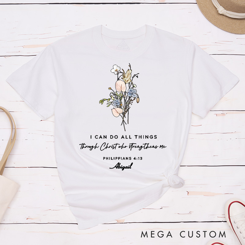 Personalized I Can Do All Things Classic Cotton T-Shirt with Name Bible Verse Blessed Shirt Religious Easter Gift Birthday Gift for Girls