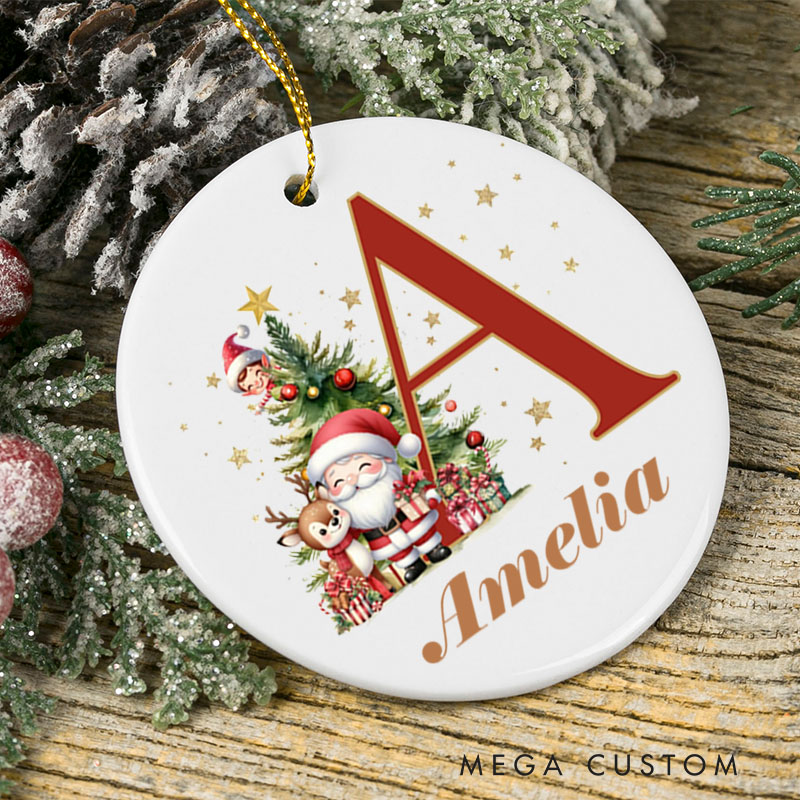 Personalized Christmas Ceramic Ornament for New Home Custom Name and Initial with Santa Design Perfect Housewarming Gift Holiday Decor