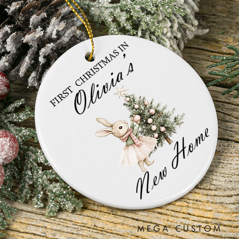 Personalized First Christmas in New Home Ceramic Ornament Personalized Name and Bunny Design Custom Housewarming Gift Holiday Decor Keepsake