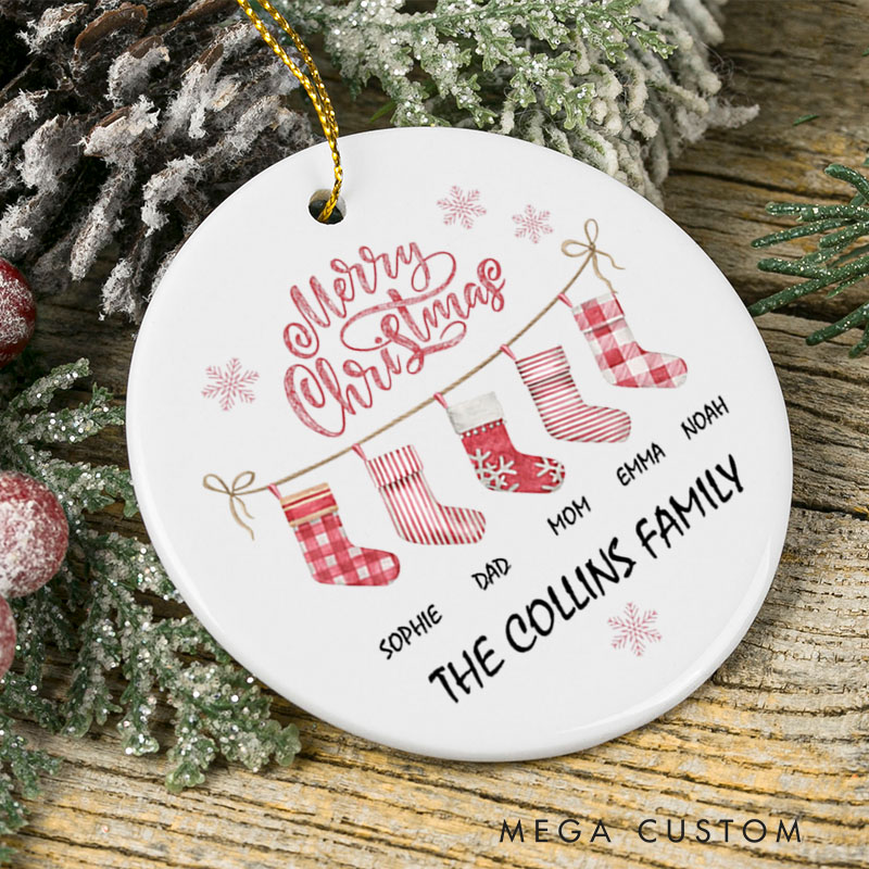 Personalized Merry Christmas Ceramic Ornament for New Home Custom Family Name and Stockings Design Perfect Housewarming Gift Holiday Decor