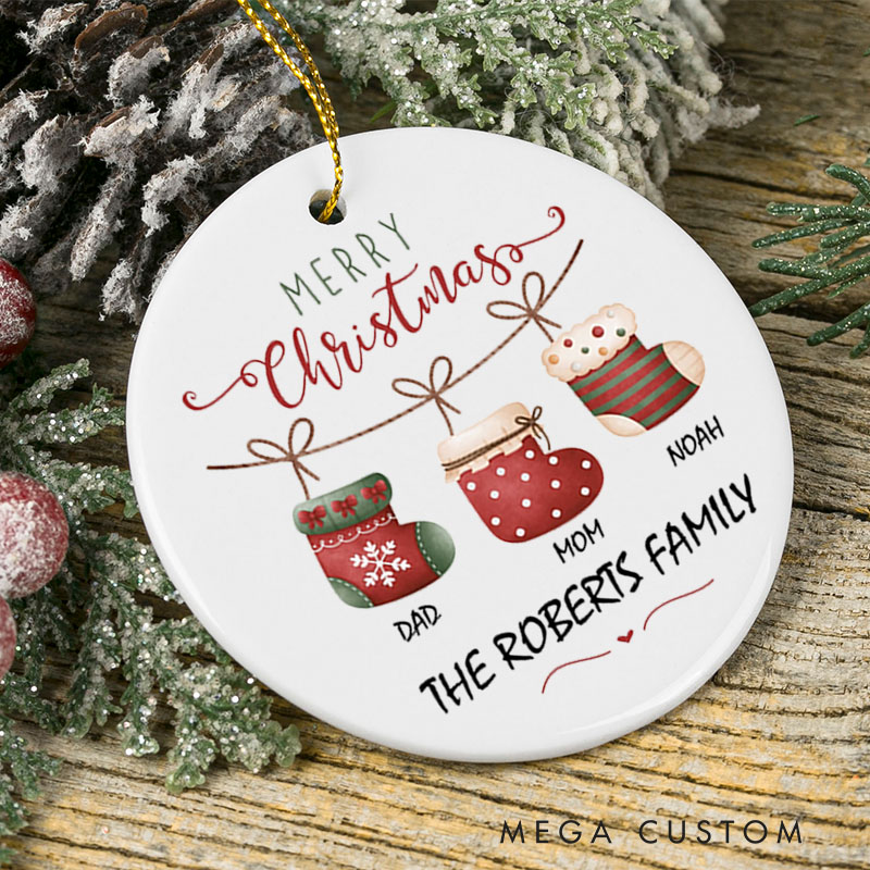 Personalized Merry Christmas Ceramic Ornament for New Home Custom Family Name and Stocking Design Housewarming Gift Holiday Keepsake